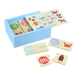 Alphabet Letters Puzzle Set, 26 Two-Piece Matching wooden puzzle pieces with Animals and Objects, Educational Learning Toy with Storage Box