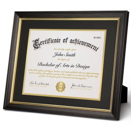 FrameMind 8.5x11 Diploma Frame with Black over Gold Acid-free Mat or Display 11x14 Document without Mat, Certificate Frame with Tempered Glass, Tabletop or Wall Mount (1 Pack, Brown/Black)