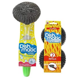 Easy Do Dish Matic Fillable Dish Wand Brush with Handle for Dishwashing | Soap Dispensing Steel Scrubber for Utensils | Fillable and Refillable Dishwashing Tool with Stainless Steel Scrub Refill