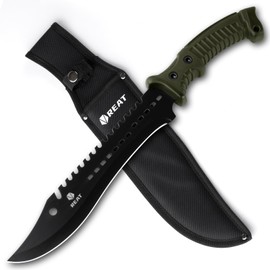 REAT Machete with Shaeth,15" Hunting Knife with 420 Stainless Steel, Ergonomic No-Slip Rubber Handle, Machetes for Bushcraft, Survival, Hunting, Cutting Trees and Yard Work