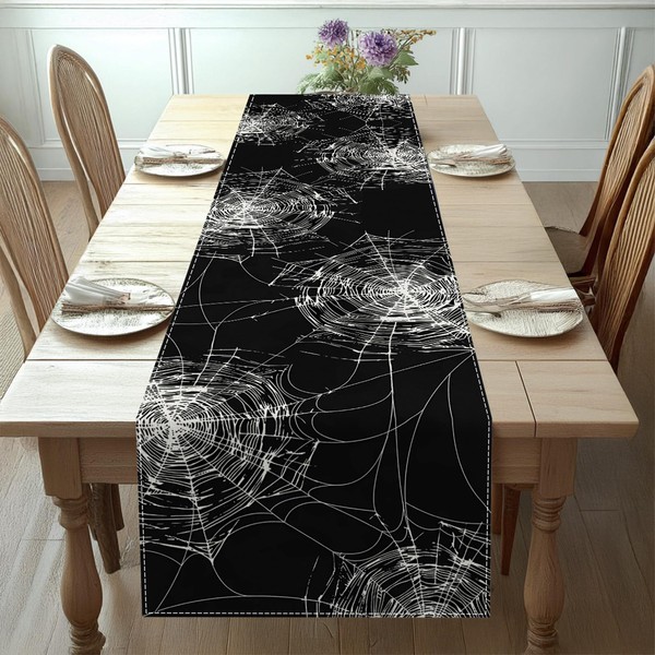 Halloween Black Spiderweb Table Runner Black Linen Cobweb Tabletop Decorations