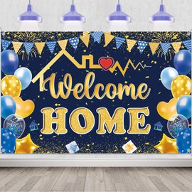 Welcome Home Decorations Banner Backdrop - Retirement Family Porch Sign Banner for Women Men, Blue Gold Welcome Back Theme Party Supplies for Baby Boy Girl