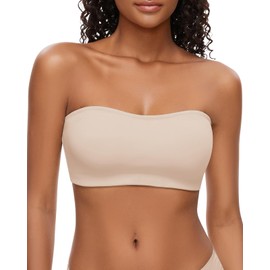 WOWENY Strapless Bras for Women Bandeau Bra Non-Slip Silicone Wireless Bra Seamless Bralette Padded Comfy Tube Top(2125-Beige, Medium)