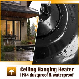 Outdoor Patio Heater, 1500W Electric Hanging Patio Heater, Ceiling Mounted Heater for Balcony Courtyard Garage, 2s Fast Heating, IP34 Waterproof, Carbon Fiber, Tip-Over Protection, 2023 New Model