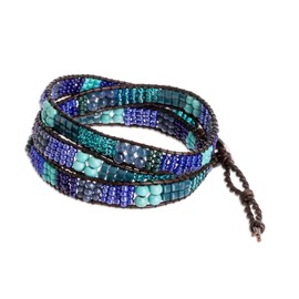 NOVICA Artisan Handmade Glass Bead Wrap Bracelet Blue Sea Green Beaded with Leather Trim Reconstituted Turquoise Or Teal Patterned Guatemala Bohemian Woven [21 in min L x 22.5 in max L x 0.4 in W]
