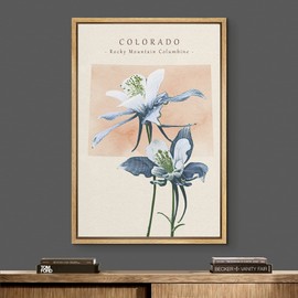 Color-Banner Framed Canvas Print Wall Art Colorado Rocky Mountain Columbine State Flower Floral Plants Modern Art Rustic Colorful Pastel for Living Room, Bedroom, Office - 16"x24" Natural