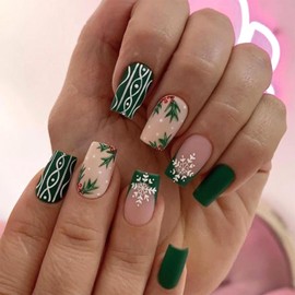 Vopintpy White Snowflake Green French Tip Fake Nails Matte Christmas Press on Nails Medium Square Acrylic Glue on Nails Reusable Full Cover Stick on Nails for Women DIY Winter Xmas Manicure