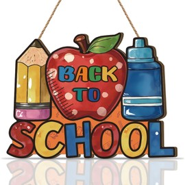 Aurlan Welcome Back to School Sign,Welcome to Our Classroom Sign,School Classroom Decor,Colorful Crayon Door Hanger,Apple Crayon Pencil Wall Plaque for Student Class Teachers Office Nursery Kids Room