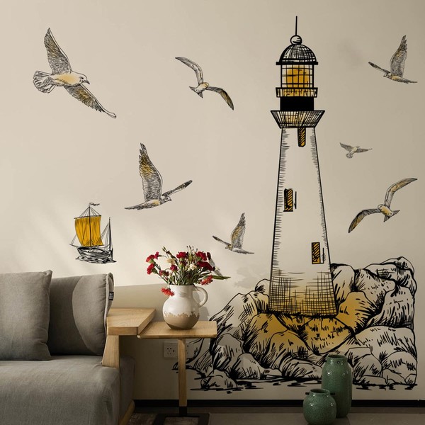 Runtoo Lighthouse Wall Decal Nautical Seagull Wall Stickers for Living