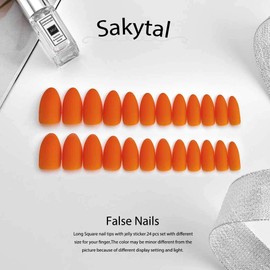 Sakytal Orange Stiletto Press on Nails Matte Long Fake Nails Acrylic Full Cover False Nails for Women and Girls (24Pcs)