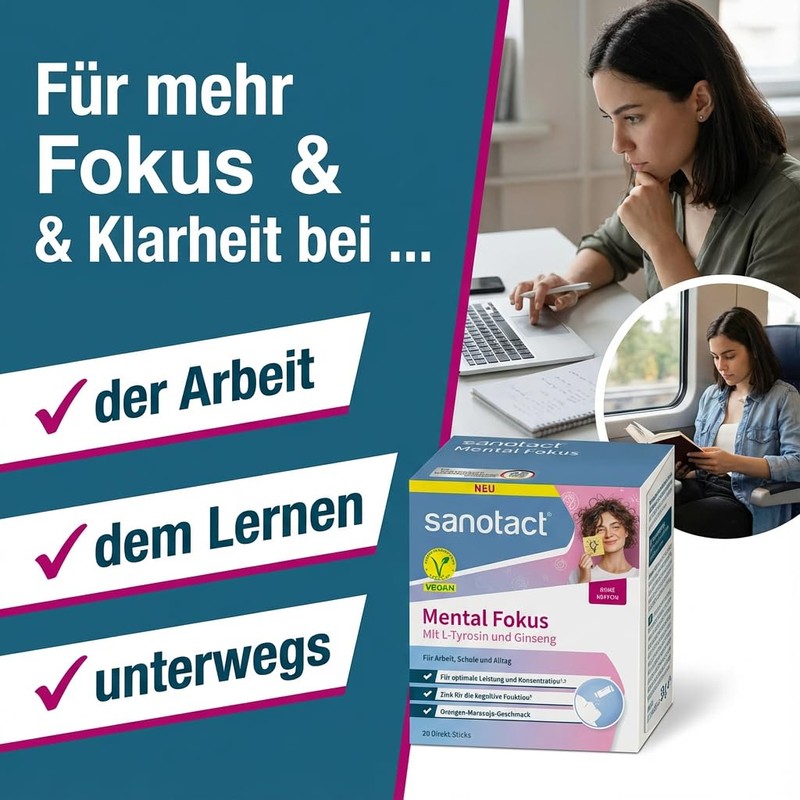 sanotact Mental Focus Direct Sticks - With L-Tyrosine, Ginseng &