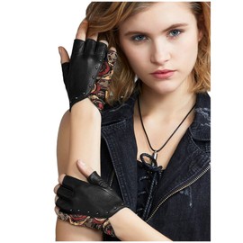 FIORETTO Womens Punk Fingerless Leather Gloves for Driving Motorcycle Unlined Half Finger Sheepskin Black-red Large