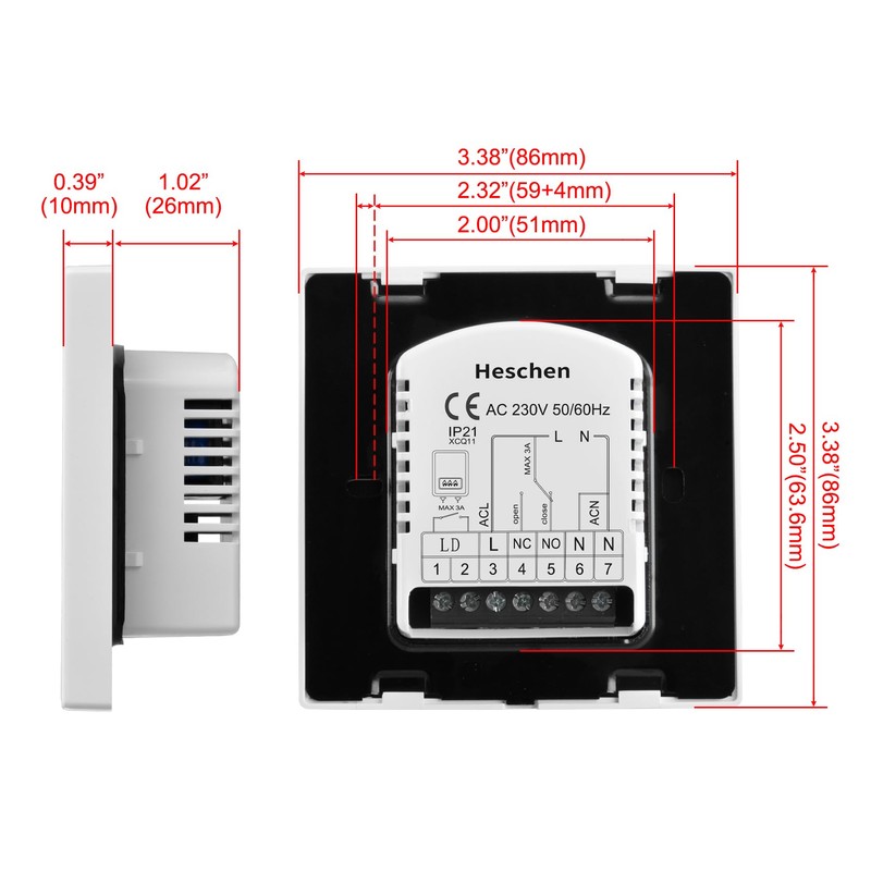 Heschen Digital Underfloor Heating Thermostat, HS-C505, 230VAC 3Amp, Underfloor Heating