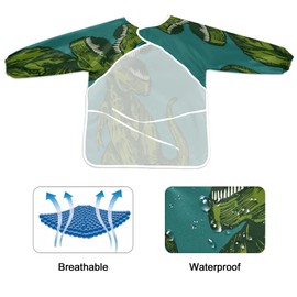 JUMBEAR Green Dinosaur Wearing Sunglasses Kids Art Smocks Children Waterproof Painting Artist Apron with 2 Pockets for Baking, Eating, Arts & Crafts for Age 2-6Years,M, 17.7×14.2 in