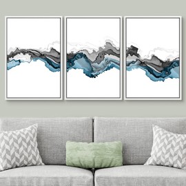 SIGNWIN Framed Canvas Print Wall Art Set Black Blue Smoke Wave Landscape Abstract Shapes Illustrations Modern Art Decorative Contemporary Colorful for Living Room, Bedroom, Office - 24"x36"x3 White
