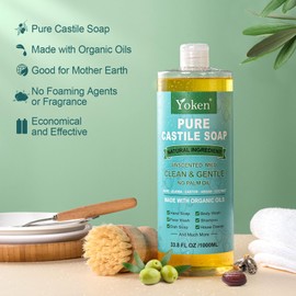 Yoken EWG Verified Castile Soap Liquid Unscented 33.8 fl oz Pure Castile Liquid Soap Made With Organic Oil, Clean & Gentle, Natural Castor Oil Soap for Body Wash, Hand, Dishes, Laundry, No Fragrance