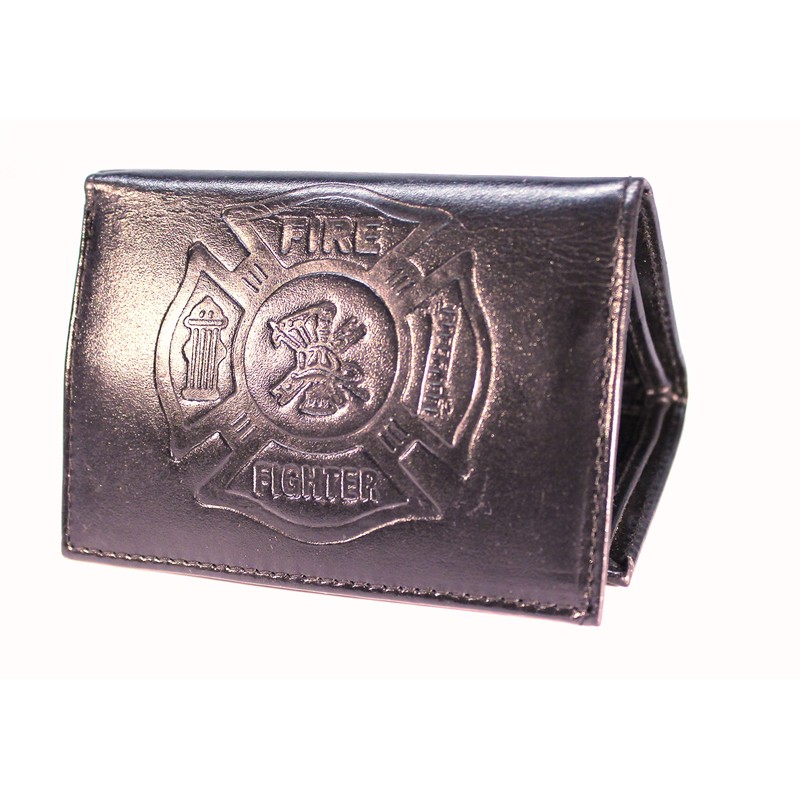 Fire Fighter Embossed Leather Trifold Wallet - Black