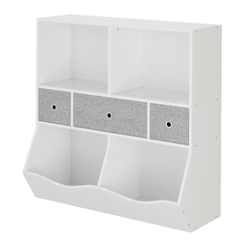 LALFPET 3-Tier Kids Bookshelf with 4 Cubby & 3 Removable Bins | 36.6" Wood Toy Storage Organizer for Playroom/Nursery, Wave-Design Cabinet for Toddler Books & Toys - White