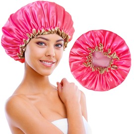 choshion Shower Cap Reusable Waterproof, Large Shower Cap for Women, Shower Caps for Braids Long Hair, Double Layer Satin Plastic Hair Cap for Shower