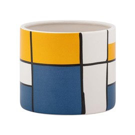Napco Imports Decorative Home or Garden 4 x 4.75 Inch Indoor or Outdoor Flower Pot Planter Blue Yellow and White Abstract Geometric Design