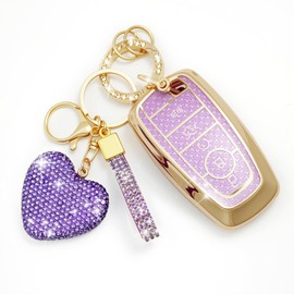 Nomiyo Key Fob Cover with Diamond Bling Keychain for Women, Compatible with Ford Fusion Escape Expedition Explorer Edge F150 F250 F350 etc, TPU Key Case and Elegant Heart Key Chain (Purple, 1PCS)
