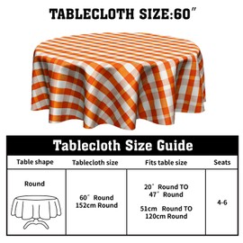 Fall Tablecloth Round 60 Inch - Orange Table Cloth Circle Wooden Buffalo Plaid Table Cover Decorative for Thanksgiving Autumn Seasonal Holiday Dining Party