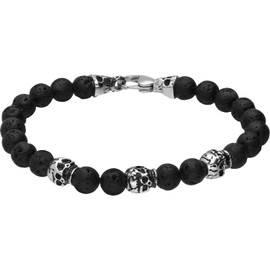 FILANGO Lava Stone Ball Bracelet Skull Head Lobster Clasp Men Women Jewellery Black Silver, Surgical steel, 0