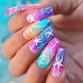 Colorful Ocean Press on Nails Medium Coffin Square Fake Nails with White Starfish Designs Summer Beach Blue Gradient False Nails Full Cover Glossy Fantasy Acrylic Nails Stick on Nails for Women 24pcs