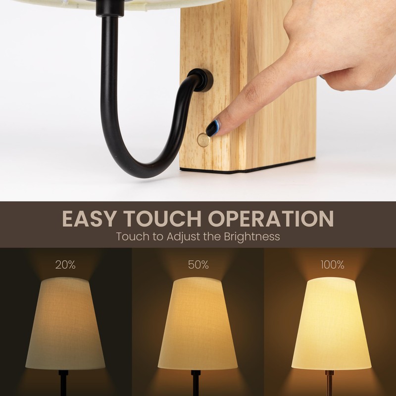 AELS Wooden Bookshelf Lamp with Bulb, Cordless Touch Dimmable Table