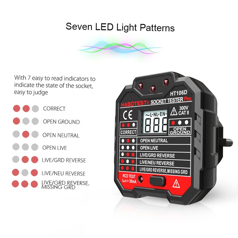 HABOTEST Advanced RCD Electric Socket Tester Automatic Neutral Live Earth