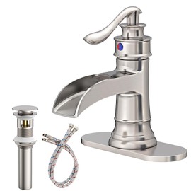 BATHLAVISH Brushed Nickel Waterfall Bathroom Sink Faucet, Single Handle 1 or 3 Hole Farmhouse Bathroom Faucets with Deck, Pop-up Drain, 2 Hoses for Lavatory Washroom Vanity RV