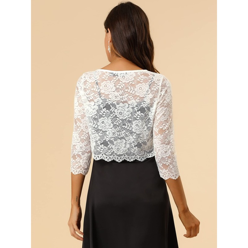 Allegra K Women's Elegant Ruffle Collar Crop Cardigan Sheer Floral