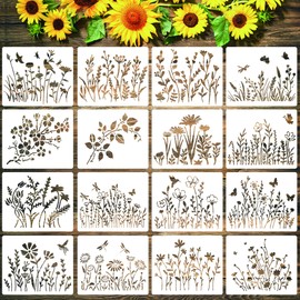 16 Pieces Wildflower Stencils for Painting,Reusable Spring Small Flower Wall Stencils,DIY Floral Field Plant Drawing Template for Fabirc,Wood,Furniture and Card Making