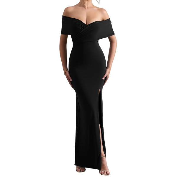 LAGSHIAN Women's Elegant Bodycon Off Shoulder Ruched Split Hem Long