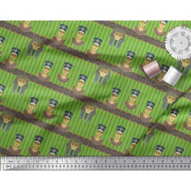 Soimoi Green Cotton Poplin Fabric Stripe & Egyptian Women Printed Fabric 1 Yard 42 Inch Wide