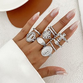 Navirix Gold Virgin Mary Cross Rings Set for Women,10Pcs Vintage Chunky Stackable Cross Knuckle Rings Set Retro Jewlery Accessories(Silver)