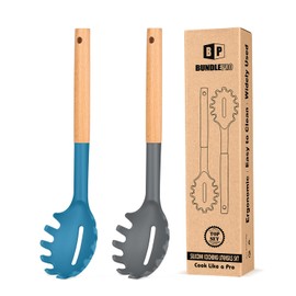 Pack of 2 Spaghetti Spoon, Silicone Pasta Fork with Wooden Handle, Heat Resistant Noodle Spoon Server, BPA Free Spaghetti Strainer(GRAY-BLUE)