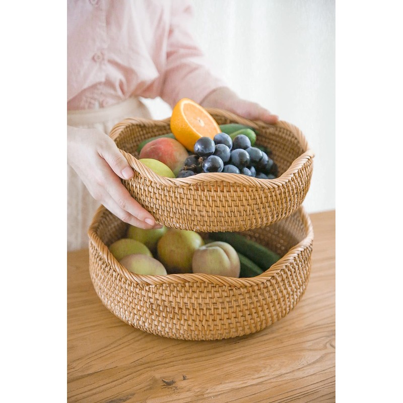 HITOMEN Handmade Rattan Bread Baskets Round Wicker Fruit Serving Storage