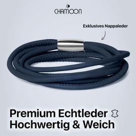 Chamoon® Premium Leather Bracelet for Women, Magnetic Closure, Stainless Steel, with Charms, Expandable, Stainless Steel, blue