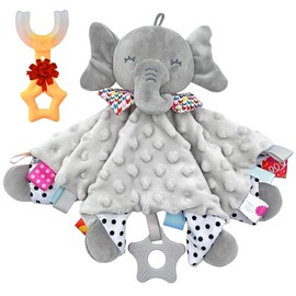 Manta De Apego Niños Peluche Suave Juguete Bebé Mordedera Silicona Sonaja Cascabel Cobija Suave Felpa 3D Elefante Conejo Acolchado Manta de Seguridad Incluye Regalo (Elefante Gris)