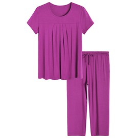 Latuza Women's Pajamas Pleated Loungewear Top and Capris Pjs Set 2X Boysenberry
