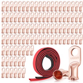 XHF 100PCS 1/0 AWG-3/8 Heavy Duty Battery Lugs with 3:1 Heat Shrink Tubing, Ring Terminals Battery Cable Ends Copper Eyelets Electrical Battery Connectors