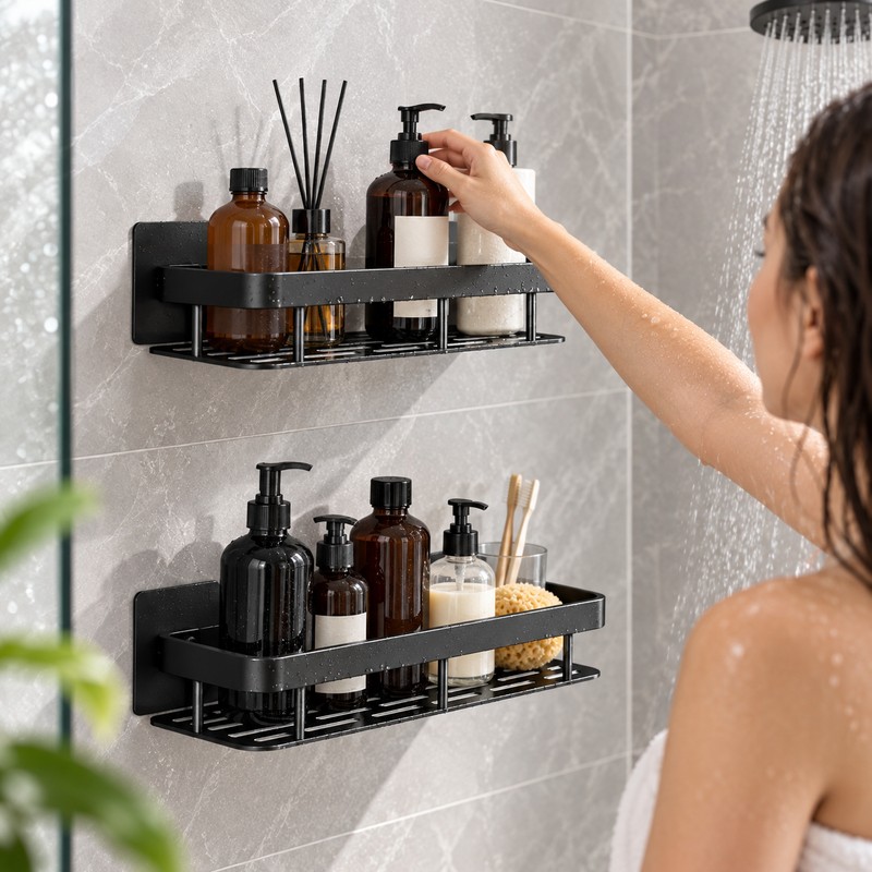 2pcs Aluminum Alloy Bathroom Shower Shelf – No-Drill Shampoo Rack