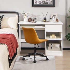 COSTWAY Computer Desk with Keyboard Tray, Large Drawer, Home Office Desk with Adjustable Shelf & Cable Hole, Study Desk, Modern Writing Workstation, PC Laptop Table (White)