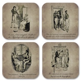 Jane Austen Book Illustration Drawings Coaster Set - Cork Back Coasters (Set of 4, Holder Included)