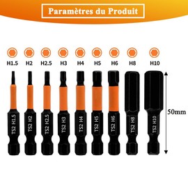 Teocpai 9pcs 50mm Allen Screwdriver Bit Set, 1.5mm-10mm S2 Steel Magnetic Hex Shank Bits, 1/4 Inch Shank