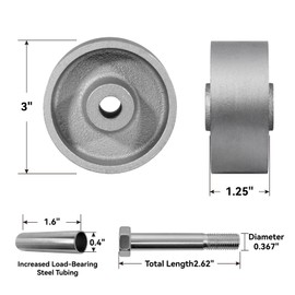 LONGRUNFORU 3" x 1.25" Industrial Caster Wheels, Semi Steel Cast Iron Wheels, Steel Caster Wheels Replacement, 350 lbs Capacity per Wheel(2 Pack)