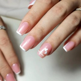 Milky White Press On Nails | CurvLife Nail | 24pcs Short Round Fake Nails | Glossy Natural Finish | Easy Apply, Comfortable & Durable | Daily, Business & Elegant Nail Art:_Pink Heart French