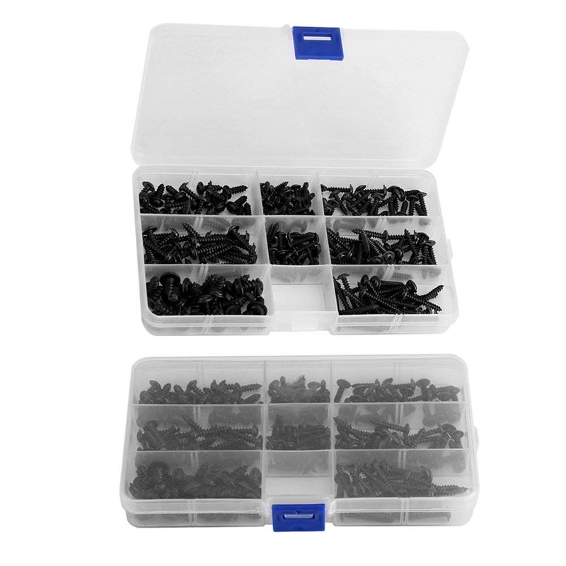 200Pcs Black Stainless Steel Round Head Self-tapping Screws Assortment Kit
