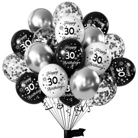 Yiran Happy 30th Birthday Balloons, 12inch Latex Confetti Number 30 Balloons, 16Pcs Black Silver Birthday Party Deocorations Supplies